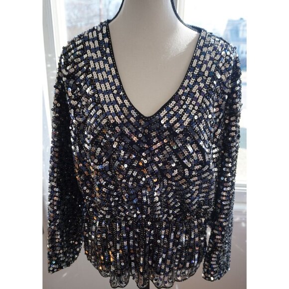 Prima Black Sequin Long Sleeve V-Neck Top With Scalloped Hem - Size M - Picture 2 of 8